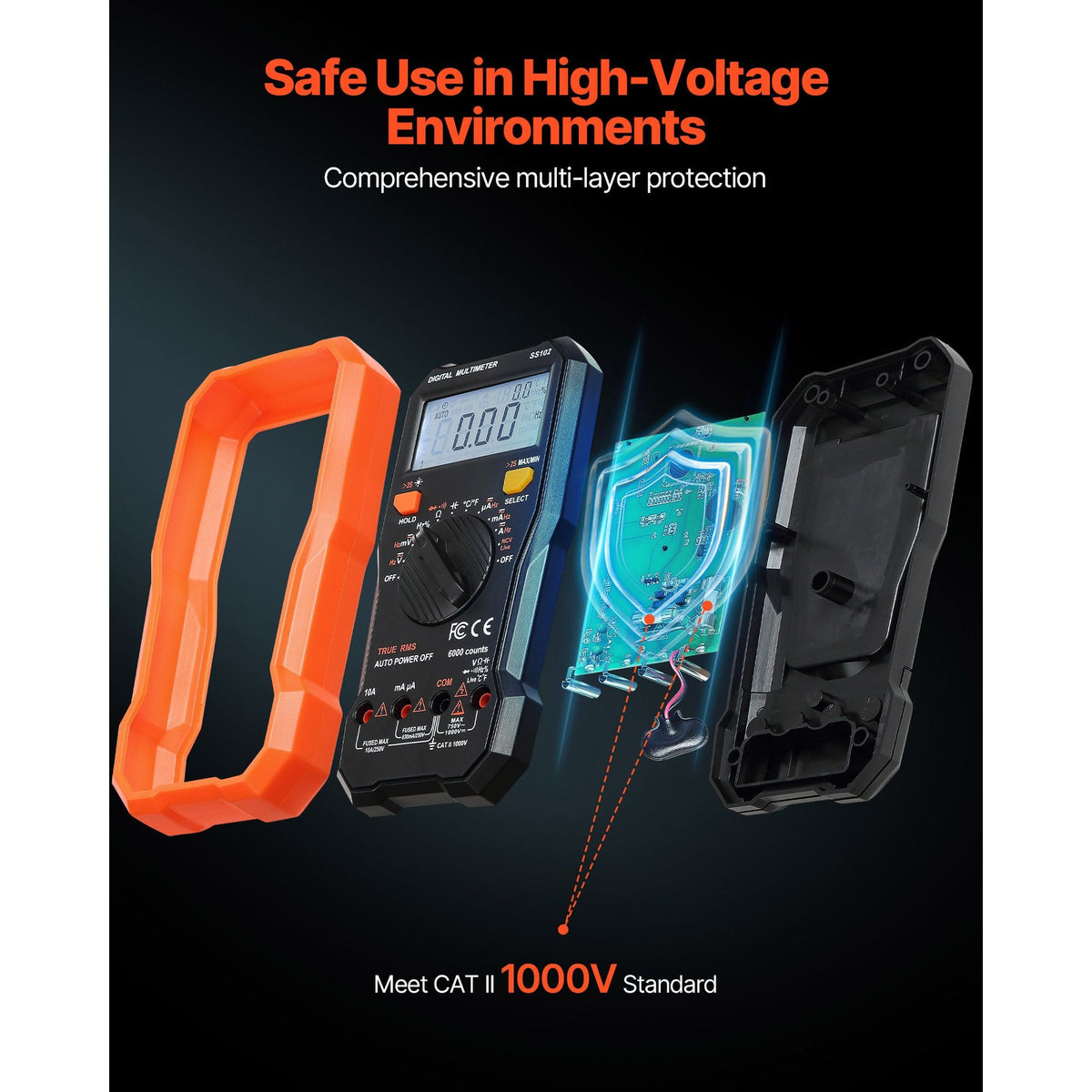Digital Multimeter, 6000-Count TRMS DC/AC Voltmeter Current Tester, Professional NCV Multimeter for Current Voltage Resistance Capacitance Duty-Cycle Tempetature Diodes Continuity Live Wire Test