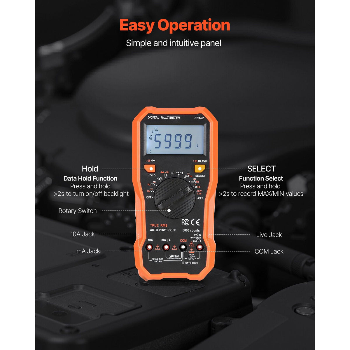 Digital Multimeter, 6000-Count TRMS DC/AC Voltmeter Current Tester, Professional NCV Multimeter for Current Voltage Resistance Capacitance Duty-Cycle Tempetature Diodes Continuity Live Wire Test
