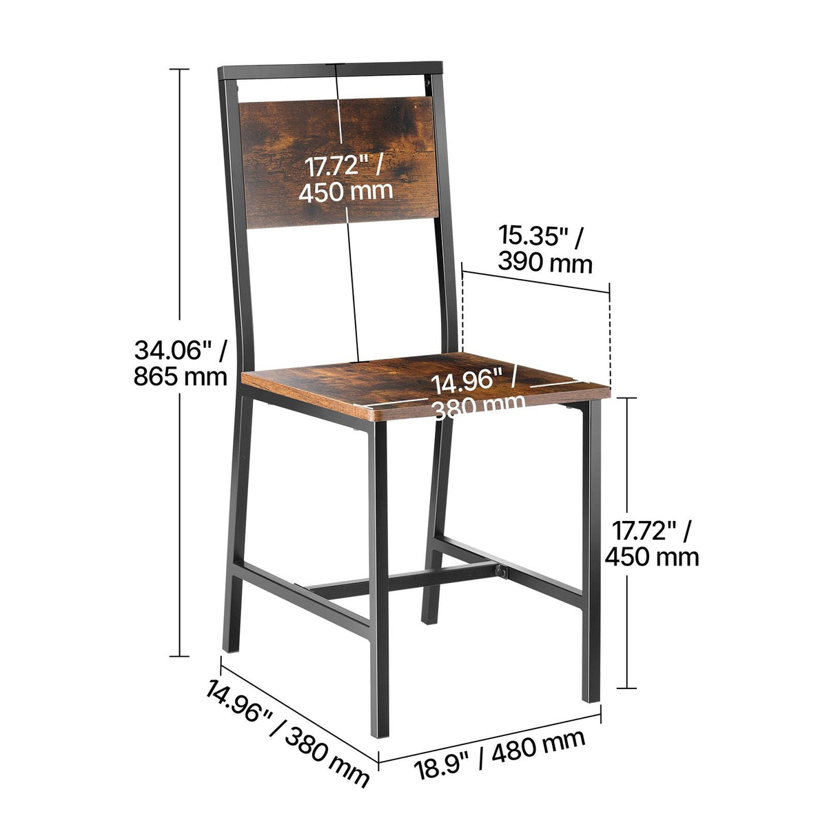 Dining Chairs Set of 2, Wooden Table Chairs with Metal Frame and Backrest, Easy to Assemble Leather Side Chair, Modern Farmhouse Walnut Chair for Kitchen Living Room, Rustic Brown and Black