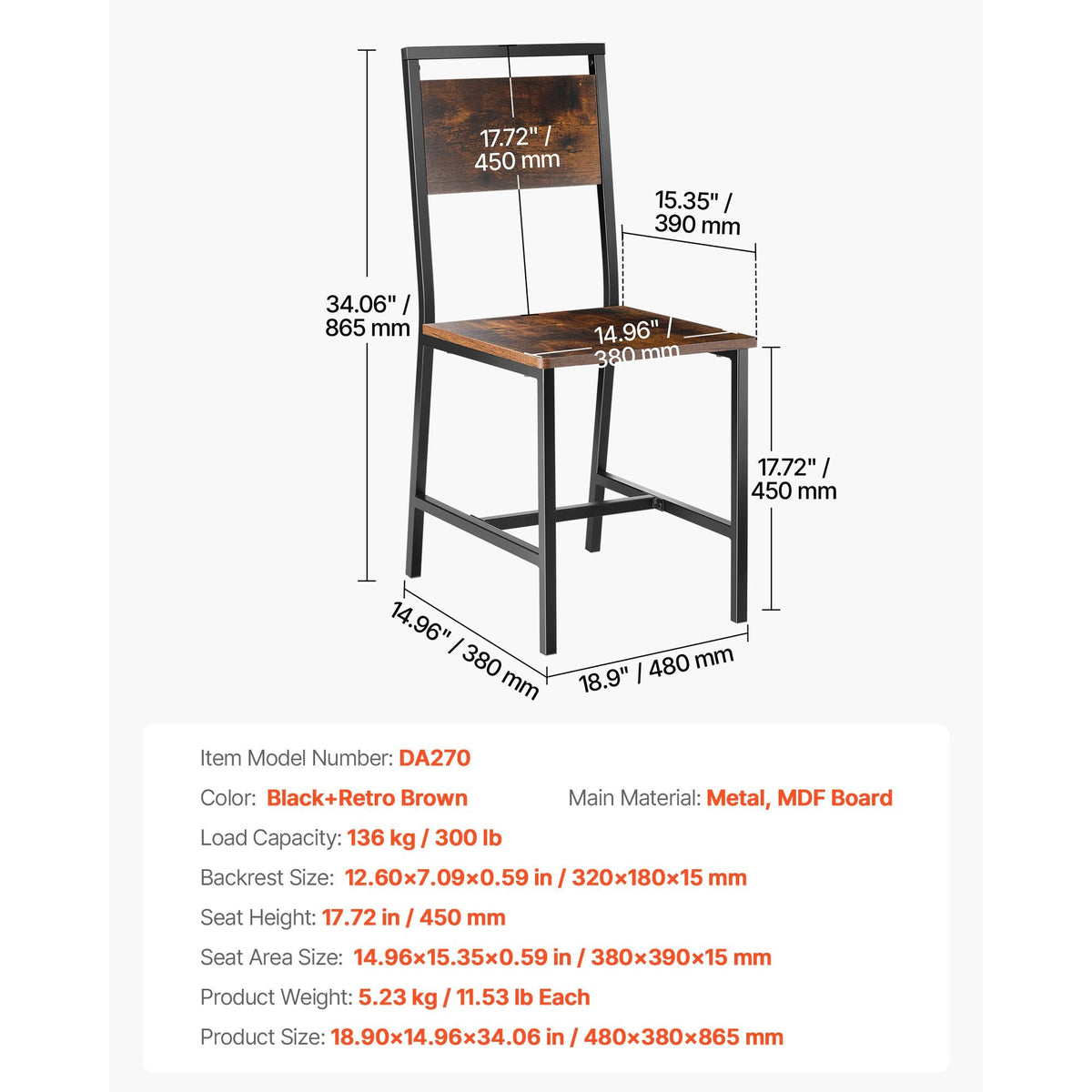 Dining Chairs Set of 2, Wooden Table Chairs with Metal Frame and Backrest, Easy to Assemble Leather Side Chair, Modern Farmhouse Walnut Chair for Kitchen Living Room, Rustic Brown and Black