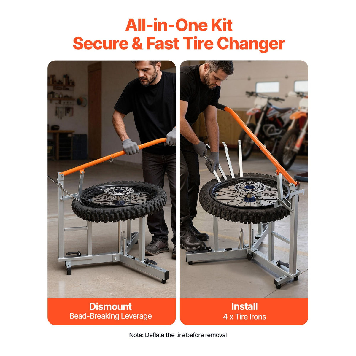 Dirt Bike and Dual Sport Tire Changer, Fits for 16"-21" Wheels, 15/17/20/25 mm Axles, Heavy Duty Dirt Bike Tire Changing Tool Kit with Bead Breaker, Irons, Protective Sleeves, and Storage Bag