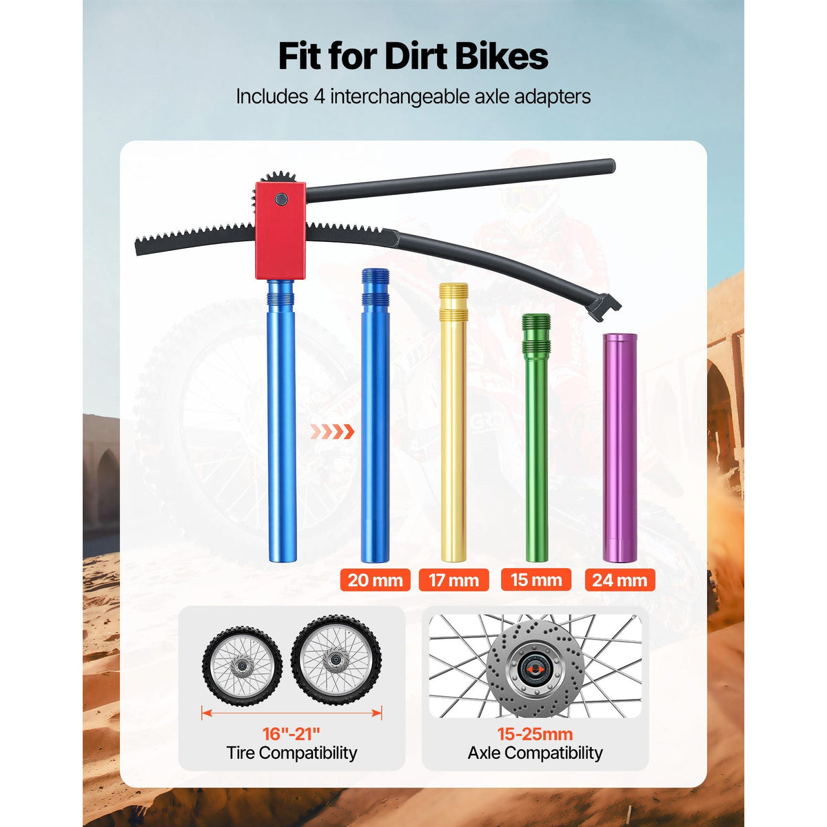 Dirt Bike Tire Changing Tool Kit, Fits for Motocross Enduro 16"-21" Wheels, Includes 15-25 mm Axle Adapters, Dirt Bike Tire Changing Tools Compact Changer with 2 Irons and Protective Sleeve
