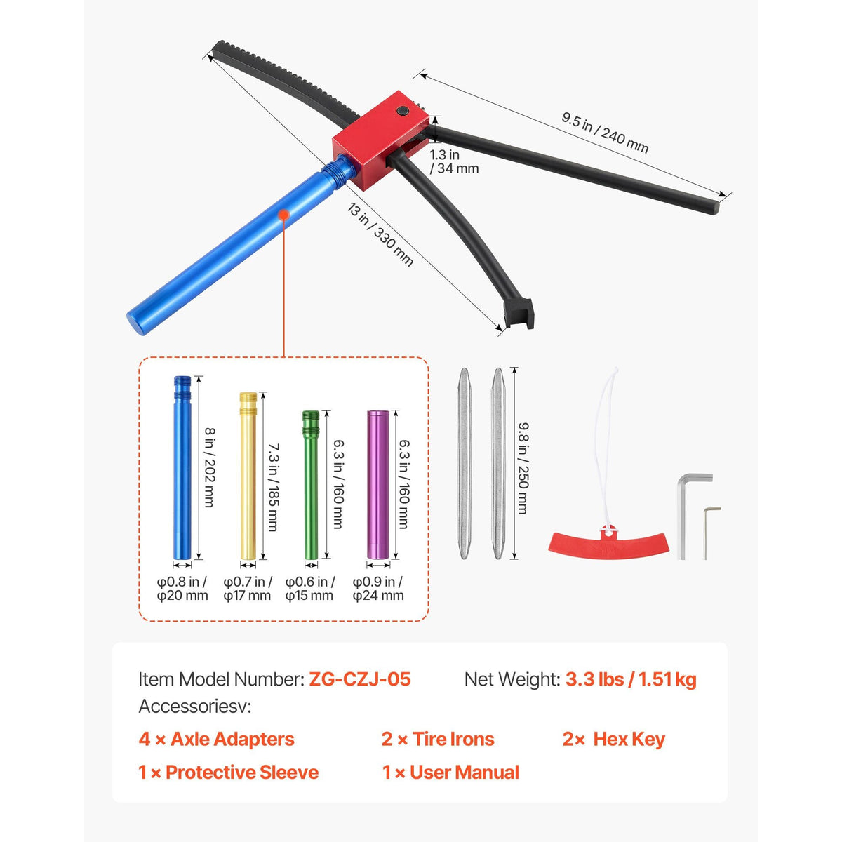 Dirt Bike Tire Changing Tool Kit, Fits for Motocross Enduro 16"-21" Wheels, Includes 15-25 mm Axle Adapters, Dirt Bike Tire Changing Tools Compact Changer with 2 Irons and Protective Sleeve