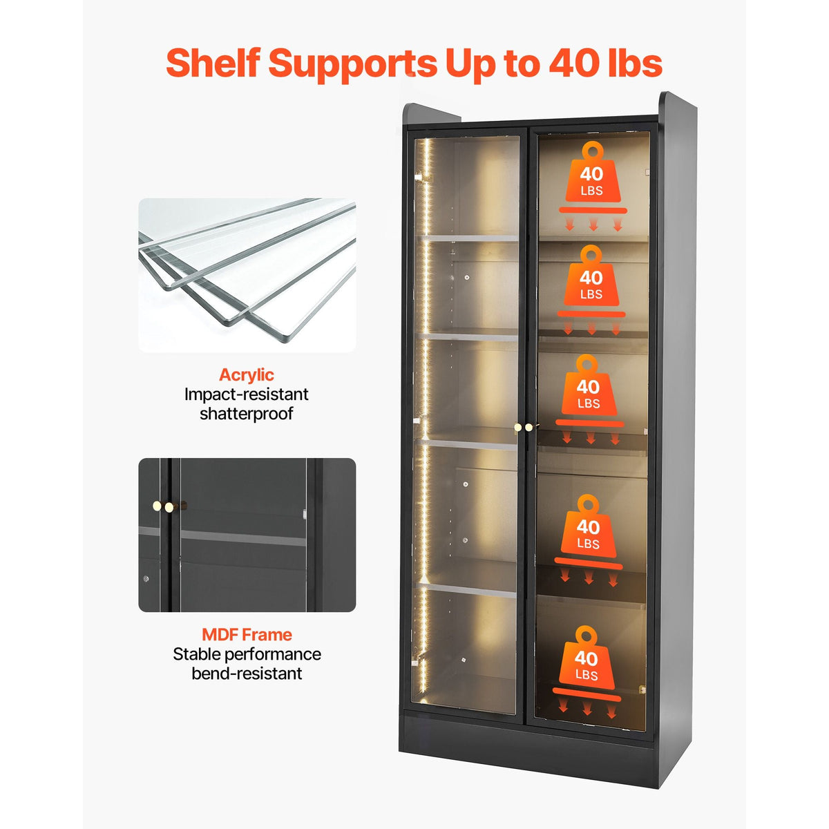 Display Cabinet with Doors, 67 in Tall Lighted Display Case with 2 Adjustable Shelves, 5-Tier Curio Collectibles Storage Cabinet, Bookshelf Bookcase for Pantry Bedroom Living Room Office