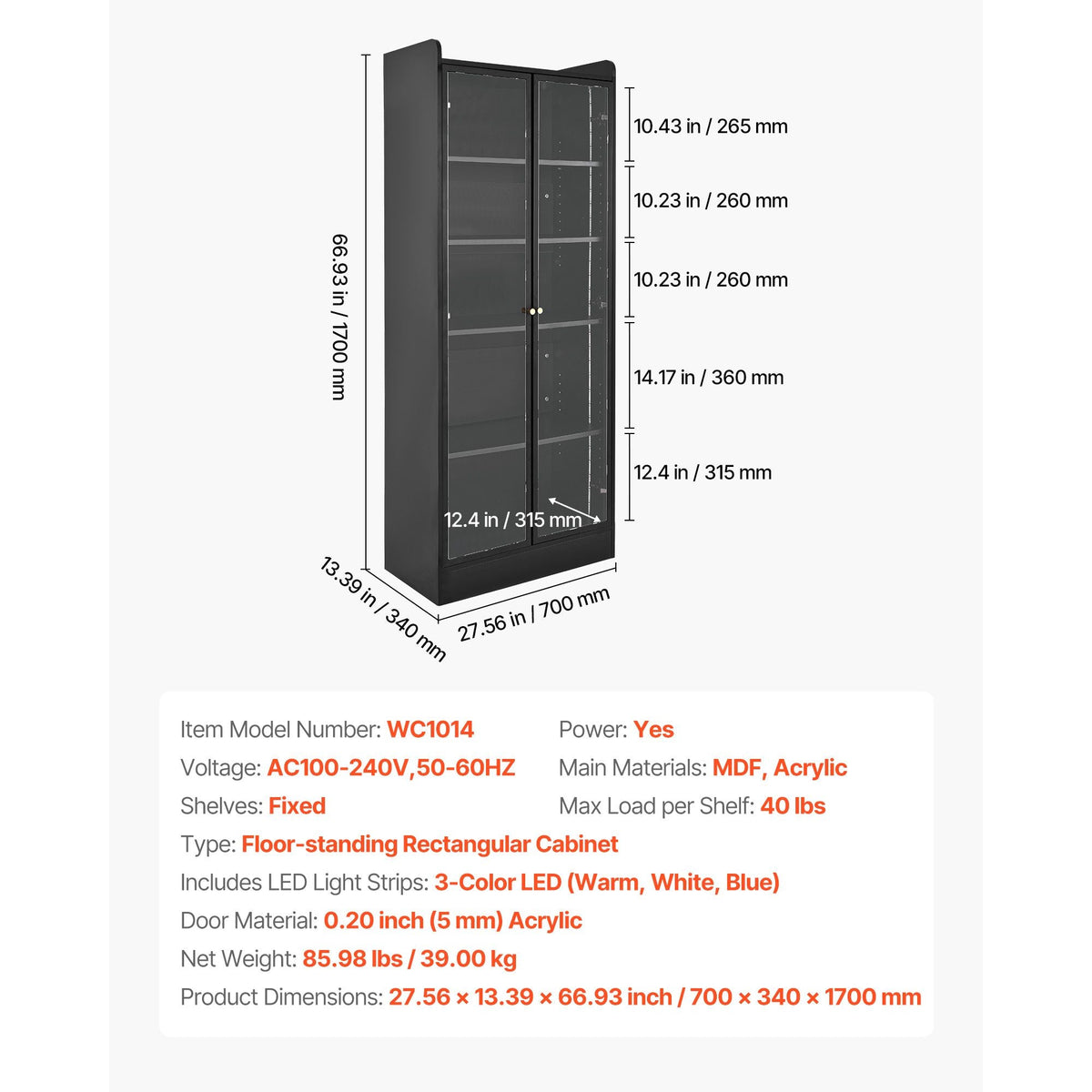 Display Cabinet with Doors, 67 in Tall Lighted Display Case with 2 Adjustable Shelves, 5-Tier Curio Collectibles Storage Cabinet, Bookshelf Bookcase for Pantry Bedroom Living Room Office