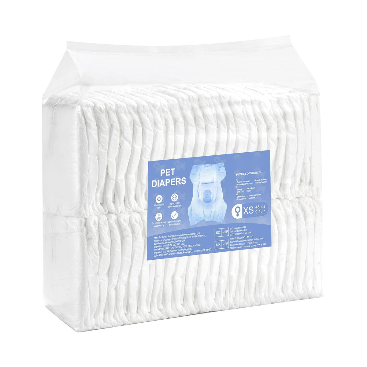 Disposable Dog Diapers, Super Absorbent Female Dog Diapers, 360° Leak-Proof Female Doggy Pet Diaper with Wetness Indicator for Heat Period, Training, Incontinence - XS, 96 Count (2 Packs of 48)