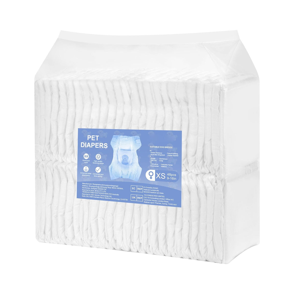 Disposable Dog Diapers, Super Absorbent Female Dog Diapers, 360° Leak-Proof Female Doggy Pet Diaper with Wetness Indicator for Heat Period, Training, Incontinence - XS, 96 Count (2 Packs of 48)