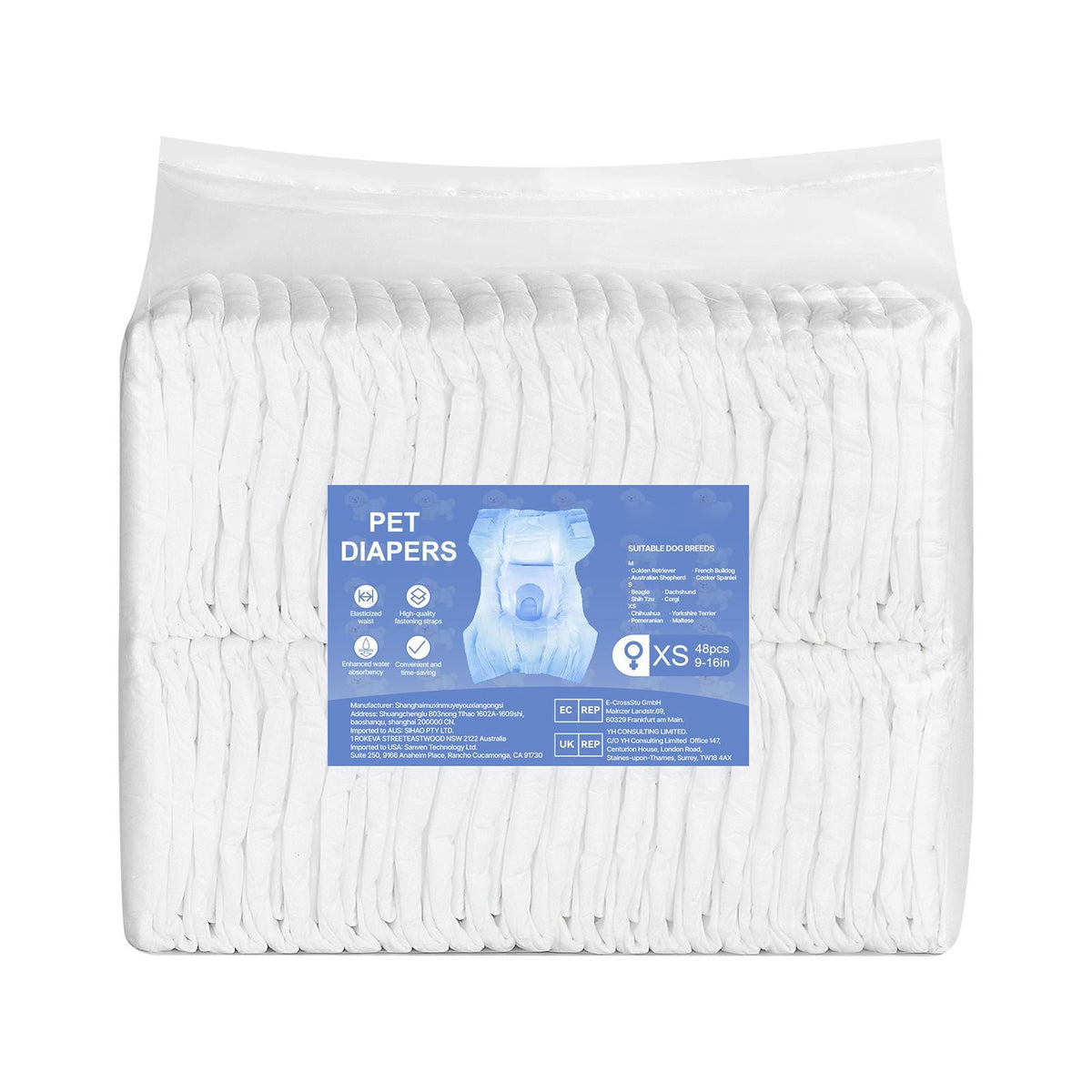 Disposable Dog Diapers, Super Absorbent Female Dog Diapers, 360° Leak-Proof Female Doggy Pet Diaper with Wetness Indicator for Heat Period, Training, Incontinence - XS, 96 Count (2 Packs of 48)