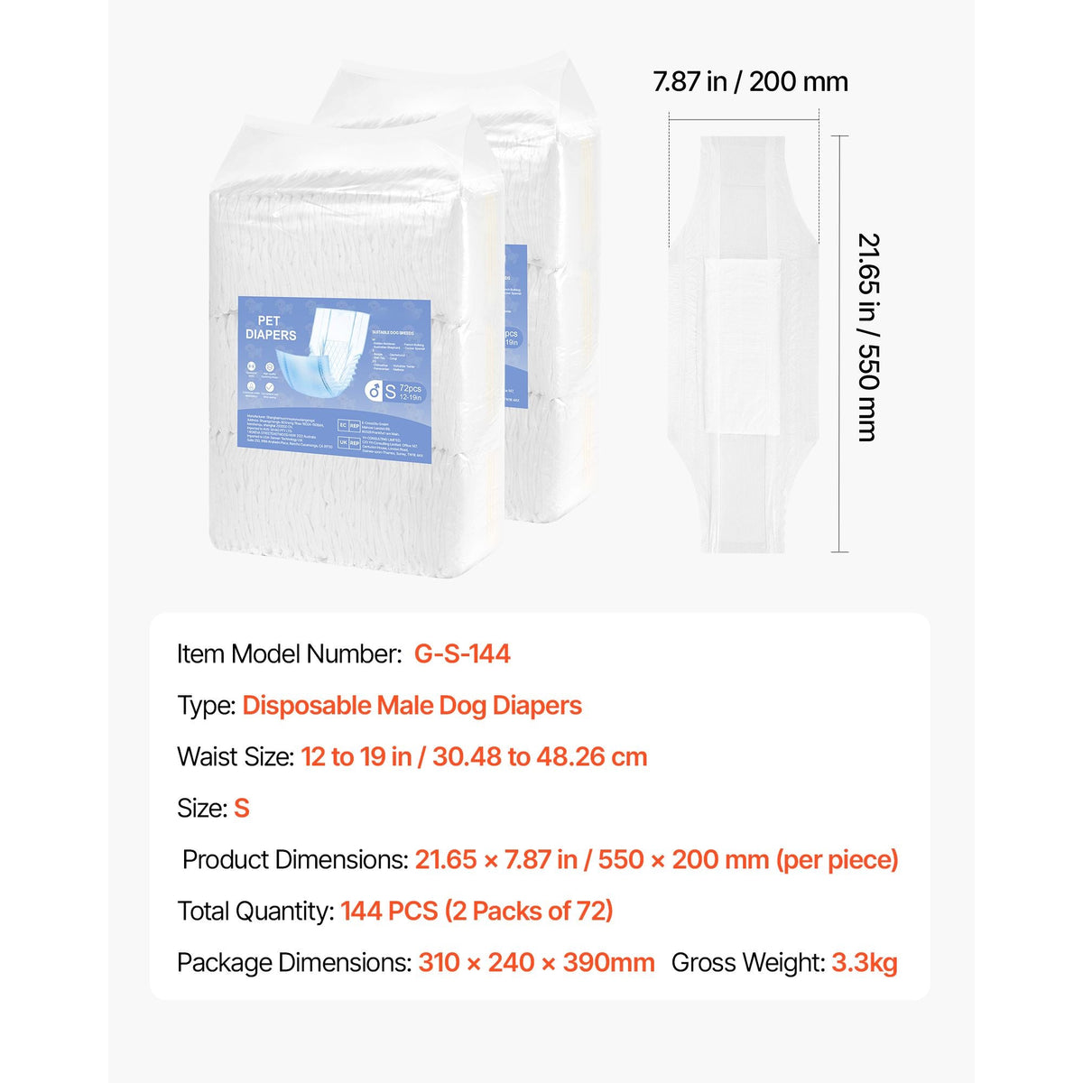 Disposable Male Dog Diapers, Super Absorbent Male Dog Wraps, 360 ° Leak-Proof Belly Bands with Wetness Indicator for Doggies in Heat, Training, Incontinence - S, 144 Count (2 Packs of 72)