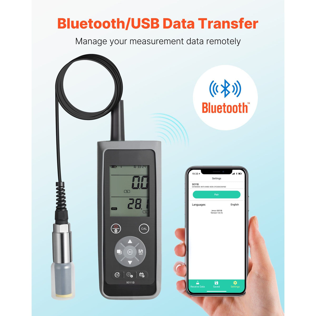 Dissolved Oxygen Meter, 0.0-50.0 mg/L Measurement Range, Portable Dissolved Oxygen Tester Kit with 13.1 ft Electrode Cable, Bluetooth/USB Data Transfer, 750 Data Sets Storage, DO Meter for Ponds