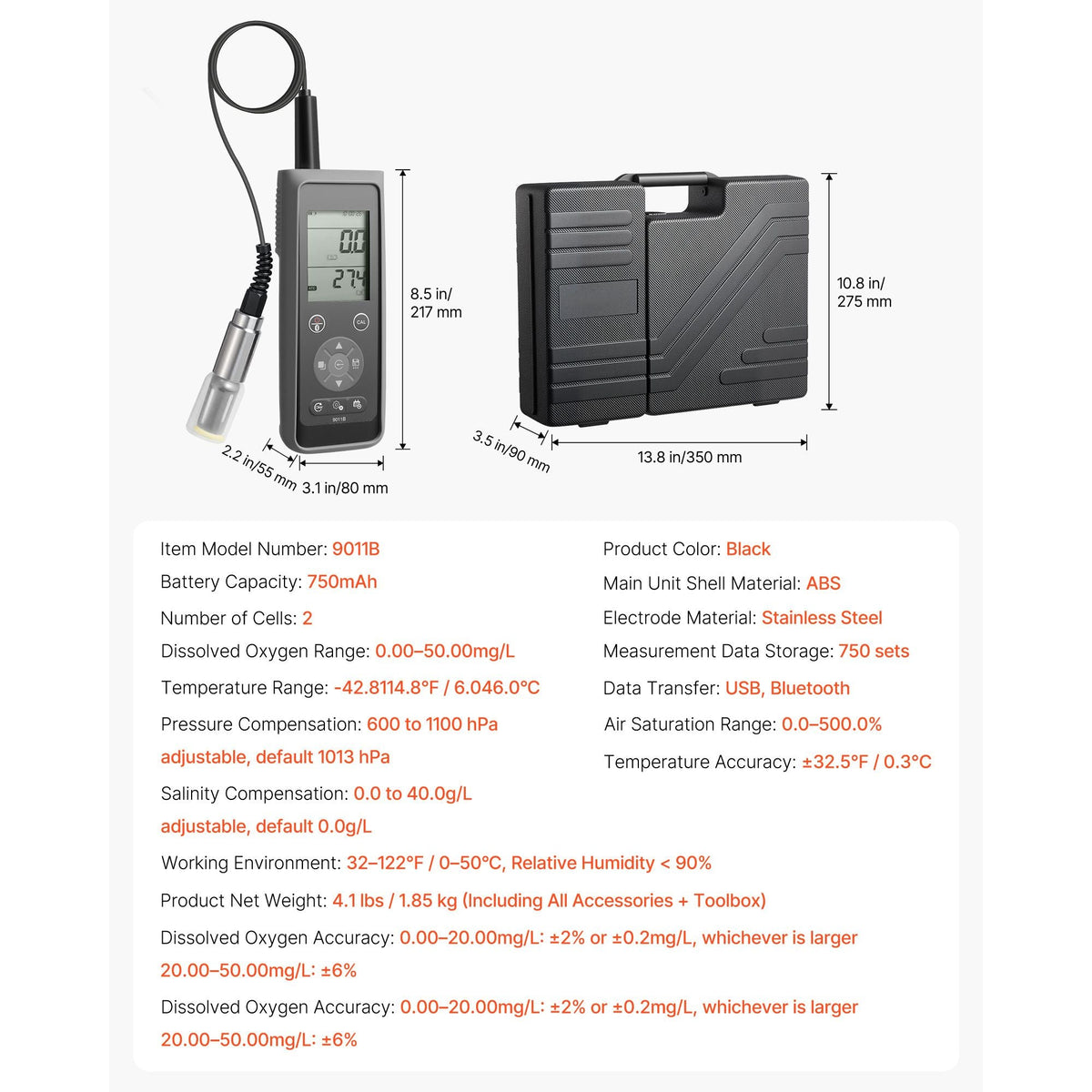 Dissolved Oxygen Meter, 0.0-50.0 mg/L Measurement Range, Portable Dissolved Oxygen Tester Kit with 13.1 ft Electrode Cable, Bluetooth/USB Data Transfer, 750 Data Sets Storage, DO Meter for Ponds