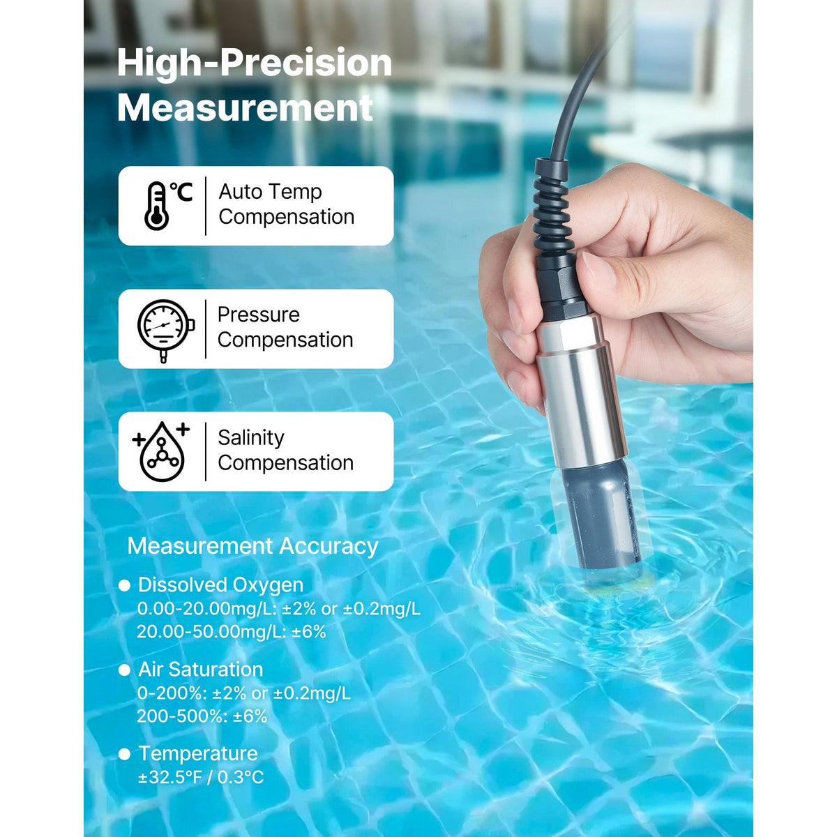 Dissolved Oxygen Meter, 0.0-50.0 mg/L Measurement Range, Portable Dissolved Oxygen Tester Kit with 13.1 ft Electrode Cable, Bluetooth/USB Data Transfer, 750 Data Sets Storage, DO Meter for Ponds