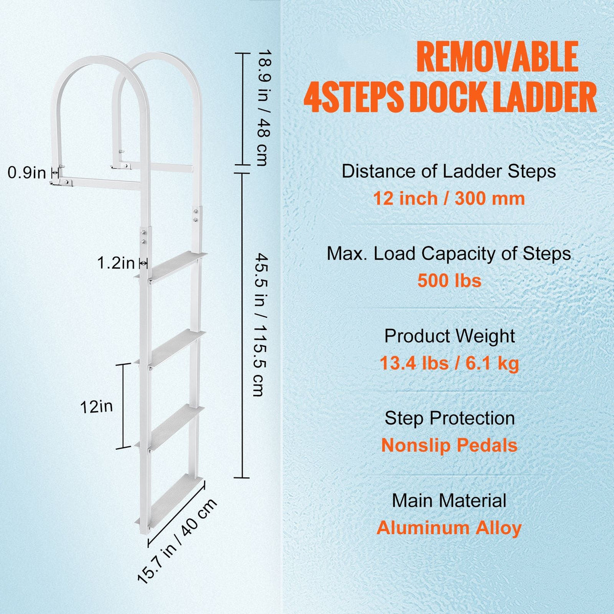 Dock Ladder, Removable 4 Steps, 500 lbs Load Capacity, Aluminum Alloy Pontoon Boat Ladder with 3.1'' Wide Step & Nonslip Rubber Mat, Easy to Install for Ship/Lake/Pool/Marine Boarding