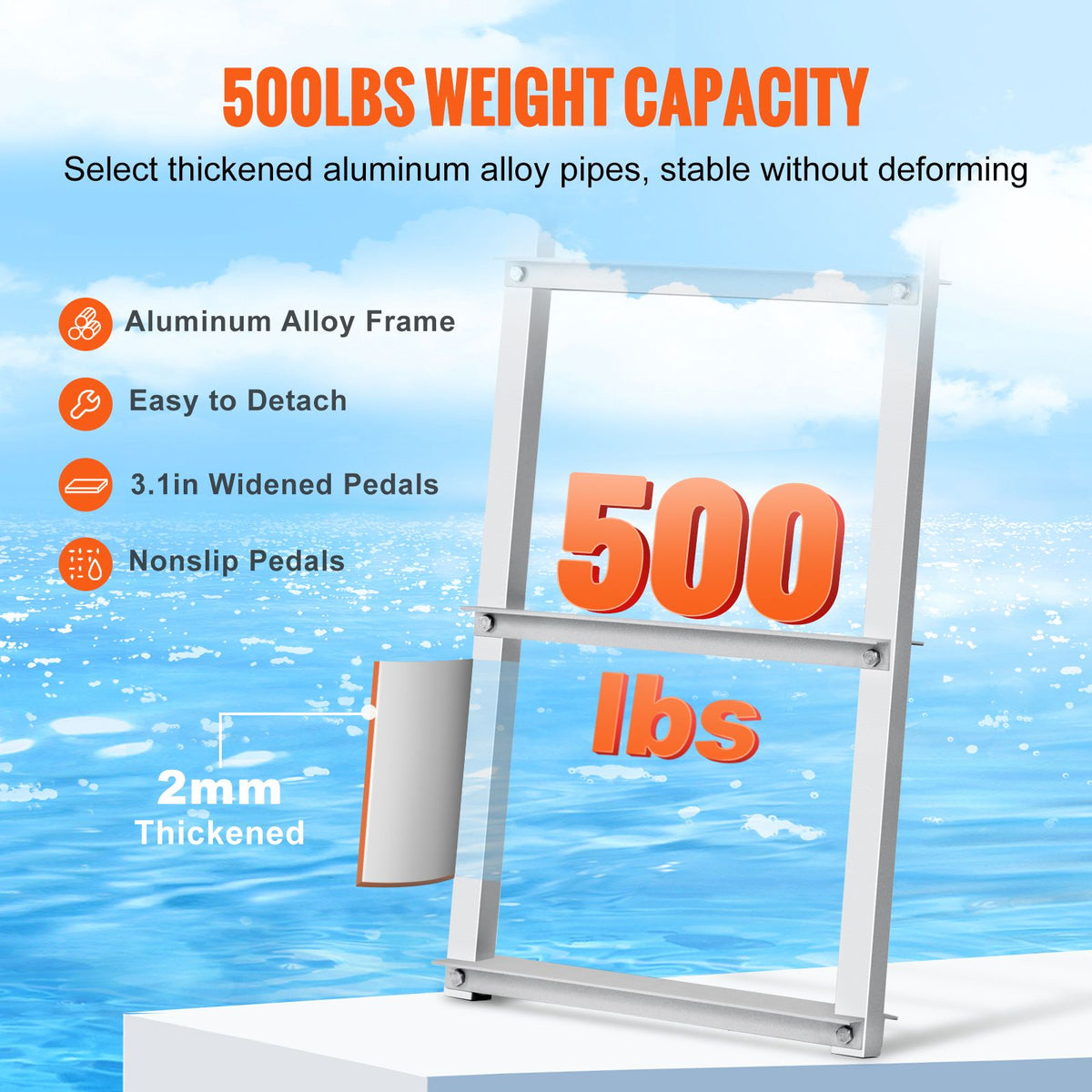 Dock Ladder, Removable 4 Steps, 500 lbs Load Capacity, Aluminum Alloy Pontoon Boat Ladder with 3.1'' Wide Step & Nonslip Rubber Mat, Easy to Install for Ship/Lake/Pool/Marine Boarding