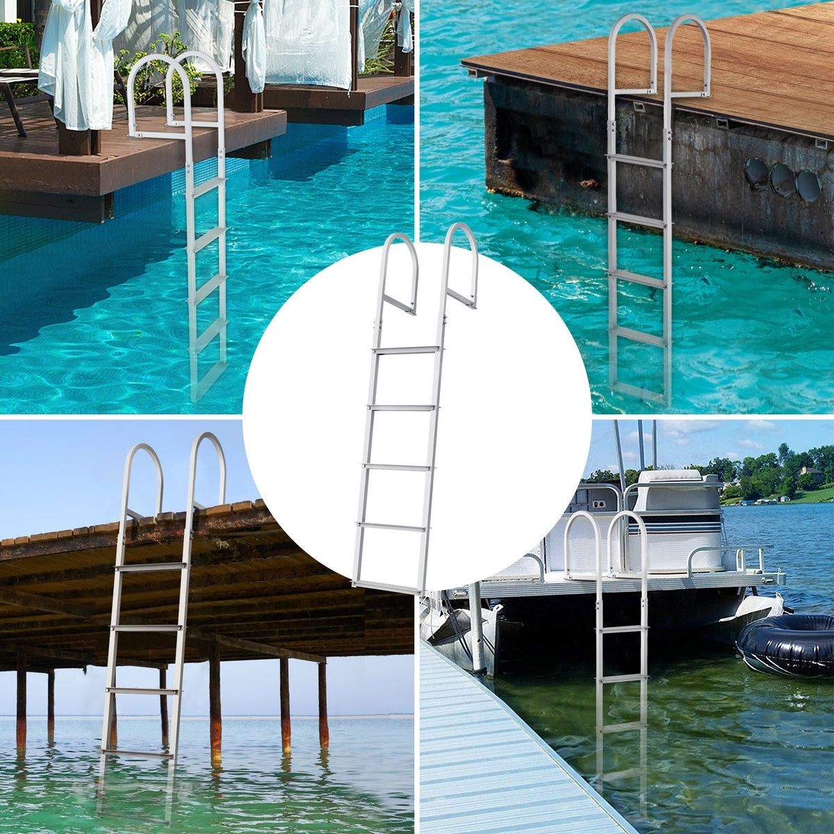 Dock Ladder, Removable 5 Steps, 500 lbs Load Capacity, Aluminum Alloy Pontoon Boat Ladder with 3.1'' Wide Step & Nonslip Rubber Mat, Easy to Install for Ship/Lake/Pool/Marine Boarding