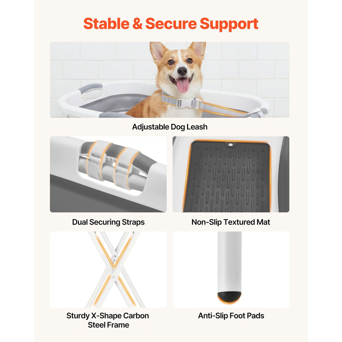 Dog Bathtub, Elevated Dog Bath Tub, 2 in 1 Collapsible Pet Bathing Grooming Wash Station, Portable Foldable Space-saving, Built-in Drain Outlet with Drain Hose for Small Pet Cat, Gray & White