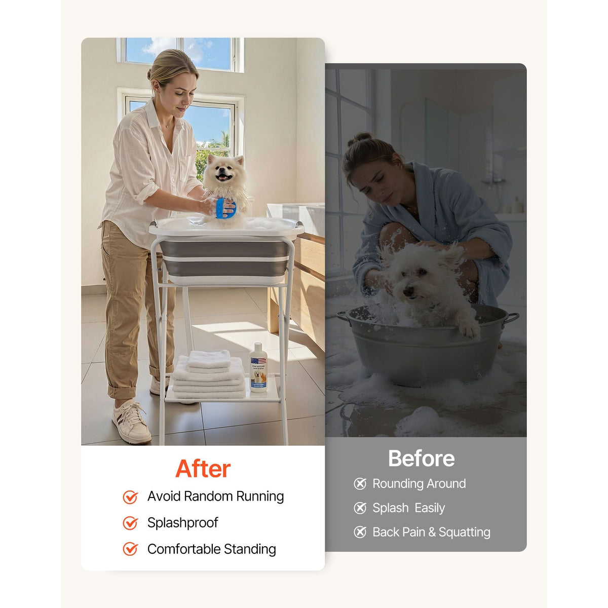 Dog Bathtub, Elevated Dog Bath Tub, 2 in 1 Collapsible Pet Bathing Grooming Wash Station, Portable Foldable Space-saving, Built-in Drain Outlet with Drain Hose for Small Pet Cat, Gray & White