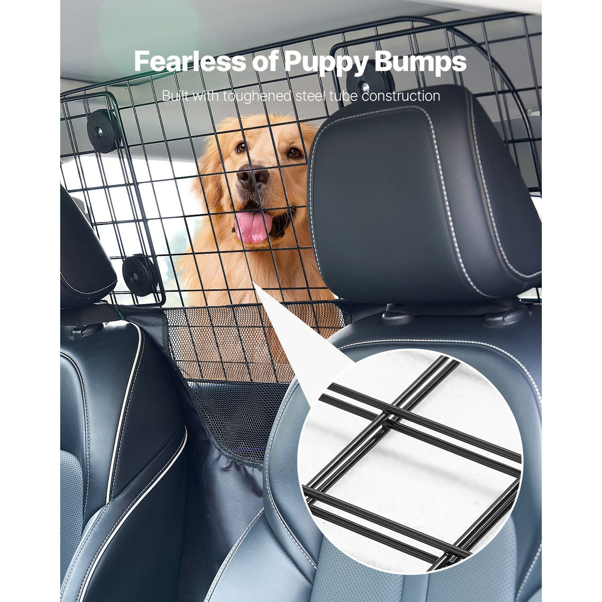 Dog Car Barrier, 35.4"-60.6" Adjustable Car Divider for Front Seat Installation, Universal-Fit Heavy-Duty Wire Mesh Dogs Separator Guard Net, Vehicle Pet Barrier for Sedans, Trucks and SUVs