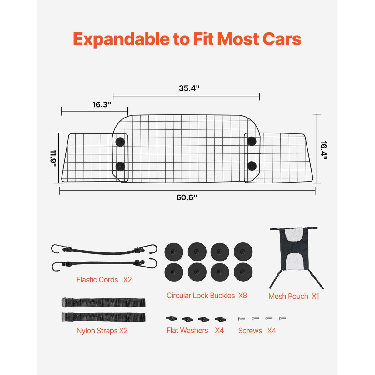 Dog Car Barrier, 35.4"-60.6" Adjustable Car Divider for Front Seat Installation, Universal-Fit Heavy-Duty Wire Mesh Dogs Separator Guard Net, Vehicle Pet Barrier for Sedans, Trucks and SUVs