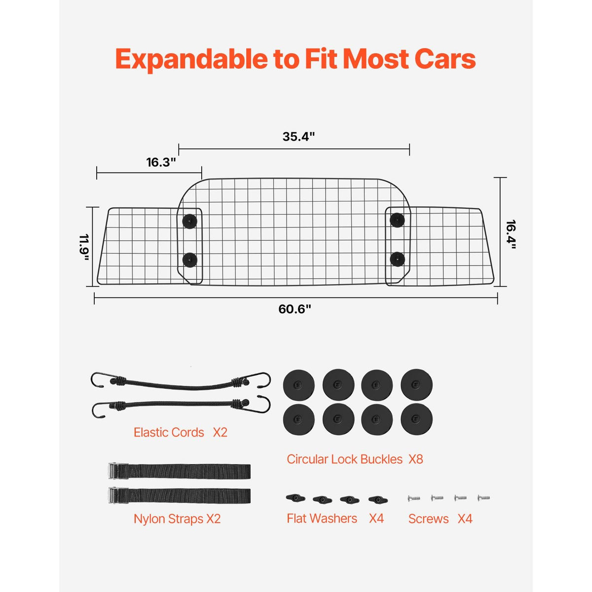 Dog Car Barrier, 35.4"-60.6" Adjustable Car Divider for Trunk Cargo Area, Universal-Fit Back Seat Heavy-Duty Wire Mesh Dogs Separator Guard Net, Vehicle Pet Barrier for Sedans, Trucks and SUVs