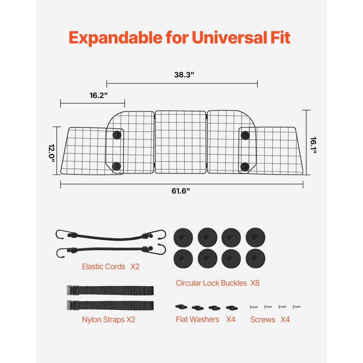 Dog Car Barrier, 38.5"-61.6" Adjustable Car Divider for Trunk Cargo Area, Universal-Fit Back Seat Heavy-Duty Wire Mesh Dogs Separator Guard Net, Vehicle Pet Barrier for Sedans, Trucks and SUVs
