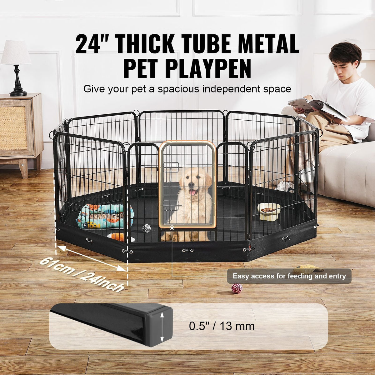 Dog Playpen, 8 Pcs 24 x 24 in Panels Foldable Metal Pet Exercise Pen, Dog Fence Indoor and Outdoor Pen with Door, Storage Bag and Bottom Pad, Pet Playpen for Dogs, Cats and Other Small Animals