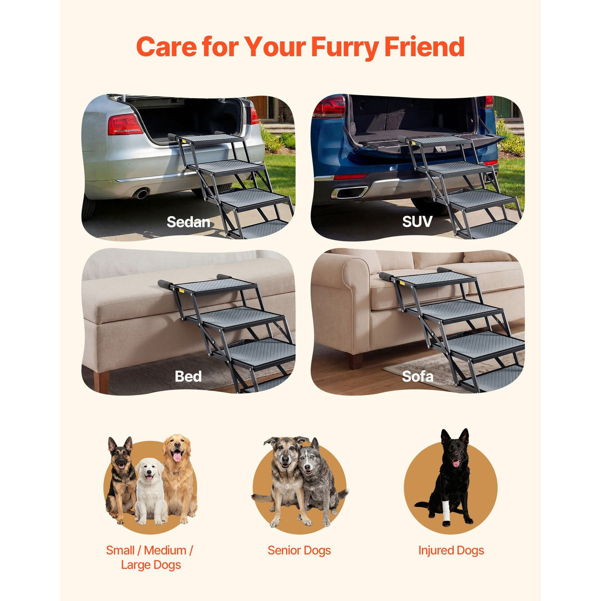 Dog Stairs for Car, 4 Steps Extra Wide Foldable Dog Ramp for Large Dogs with Non-Slip Surface, Portable Lightweight Pet Stairs Ladder for Car, SUV, Truck, High Bed, Sofa, Support up to 400 lbs