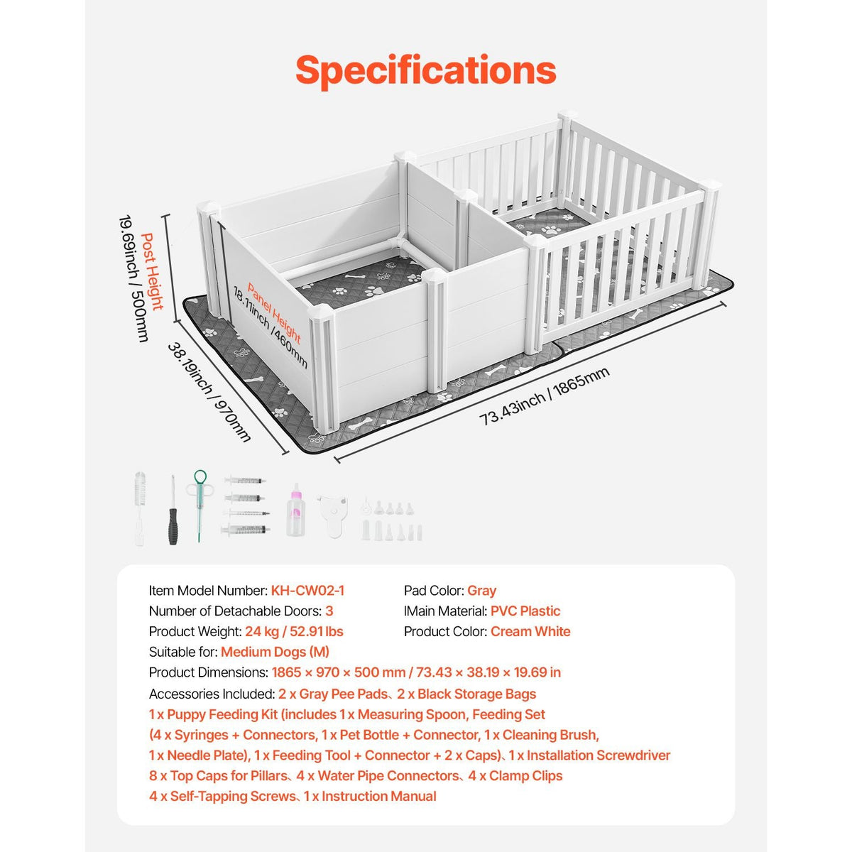 Dog Whelping Box, 73x38x19.7 in, Plastic Dog Whelping Pen with Adjustable Height Door, Puppy Playpen with Waterproof Pee Pad, Easy to Clean, Durable Indoor Pet Birth Kit for Medium Sized Dogs