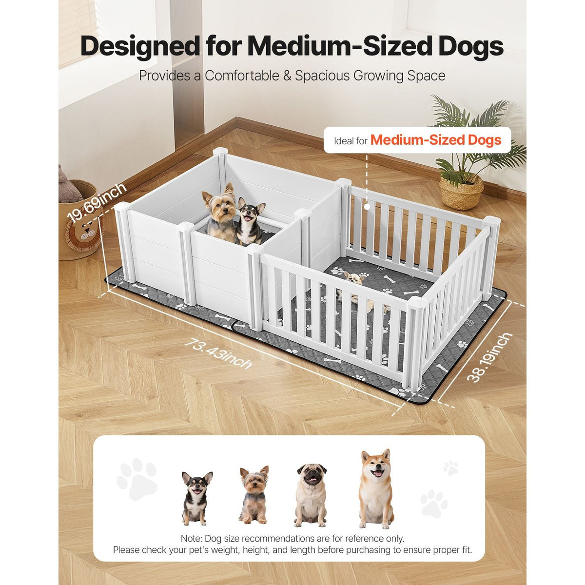 Dog Whelping Box, 73x38x19.7 in, Plastic Dog Whelping Pen with Adjustable Height Door, Puppy Playpen with Waterproof Pee Pad, Easy to Clean, Durable Indoor Pet Birth Kit for Medium Sized Dogs