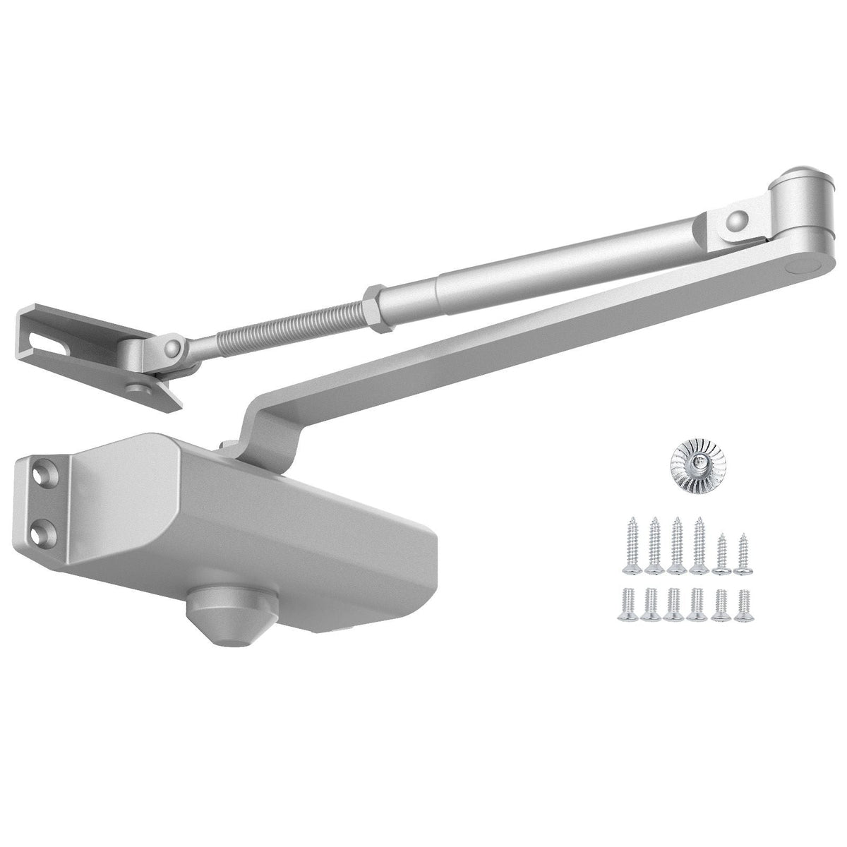 Door Closer, Automatic Door Closer Commercial or Residential Use for Door Weights 100 Lbs, Adjustable Size Hydraulic Buffer Door Closers Heavy Duty Cast Aluminum Body, Easy Install, Silver