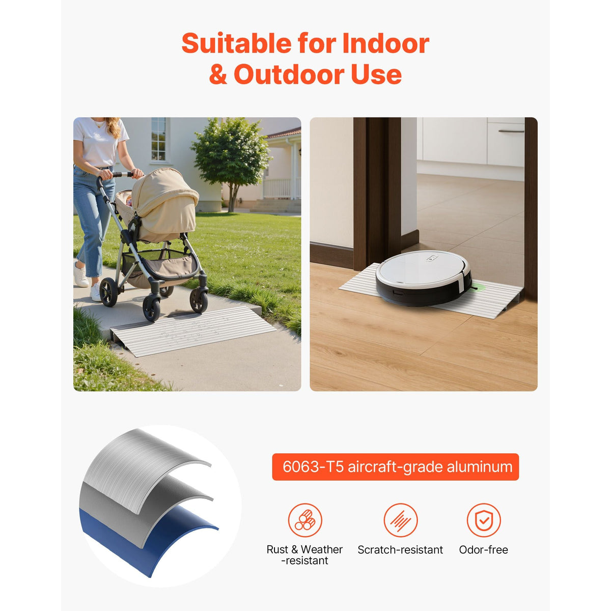 Door Threshold Ramp, 2 inch Rise, Aluminum Alloy Threshold Ramp Rated 800 lbs Load Capacity, Handicap Ramps for Home Steps for Wheelchair, Scooters, Power Chairs, Walkers, Bicycle, Tricycle