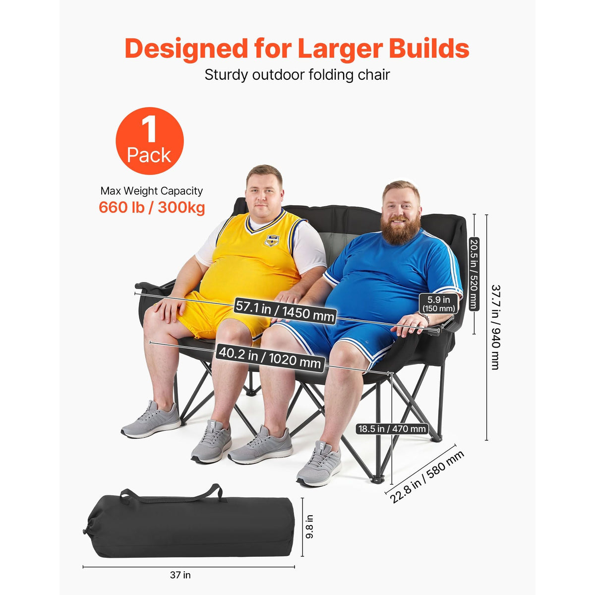 Double Camping Chair, Oversized Two Person Camp Chair with 660 lbs Heavy Duty Support, with Dual Cup Holders, Wine Glass Holders, Magazine Straps, Carry Bags for Outdoor, Beach, 1 Pack
