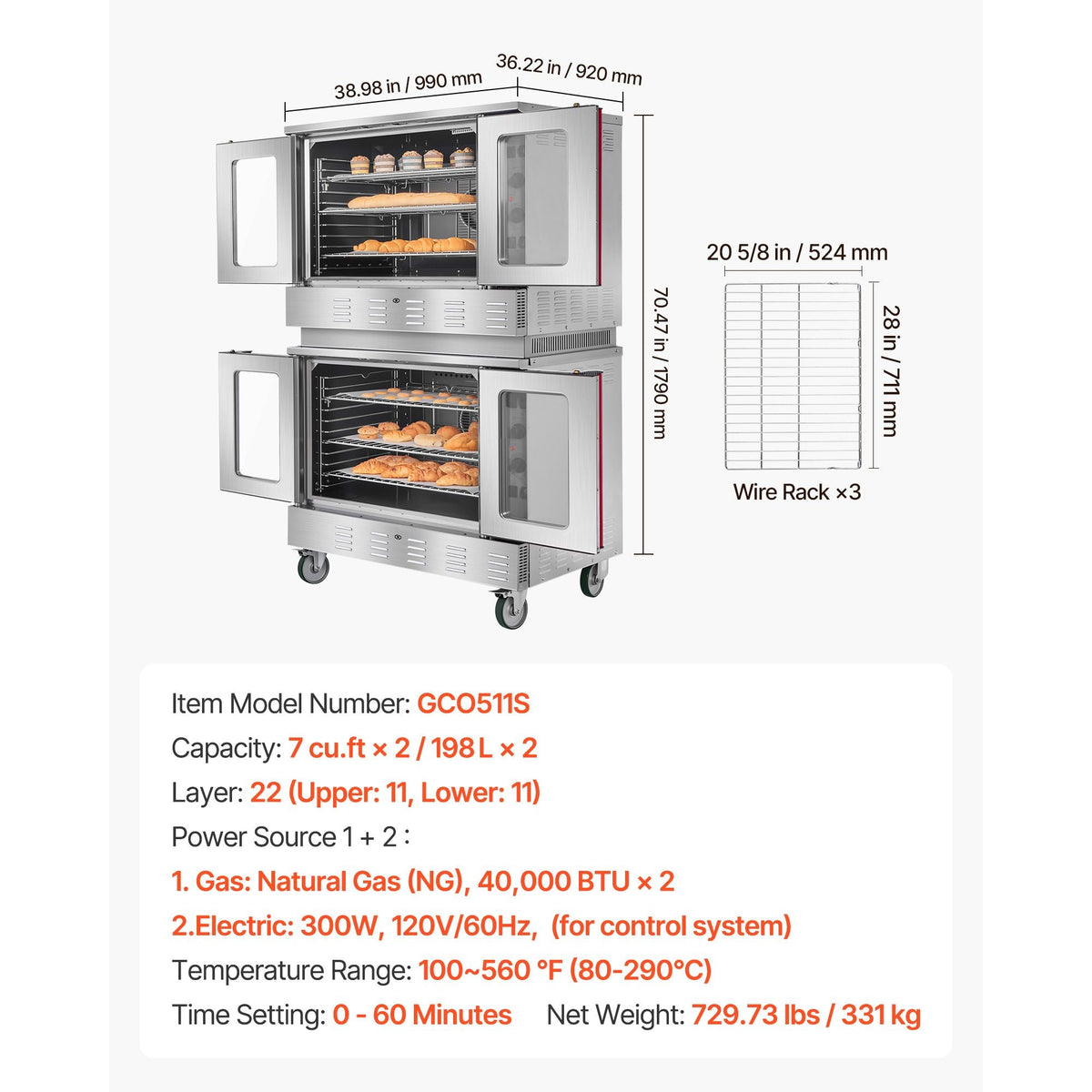 Double Deck Gas Convection Oven, 14 cu.ft Full-Size Commercial Convection Oven, 40,000 BTU x 2 Powerful Burners, Natural Gas Commercial Ovens with Two Fan Modes, for Bakery, Restaurant & Kitchen