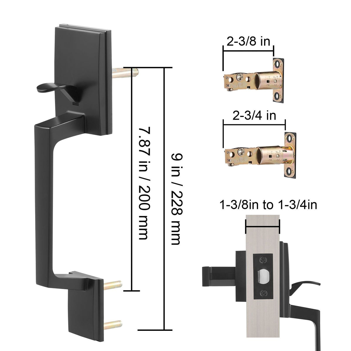 Double Door Handle Set, Matte Black Square Door Lever, Double Front Door Handle Set with Reversible Handle Lever, Heavy Duty Double Door Lock Set with Dummy, for Office Door or Front Door