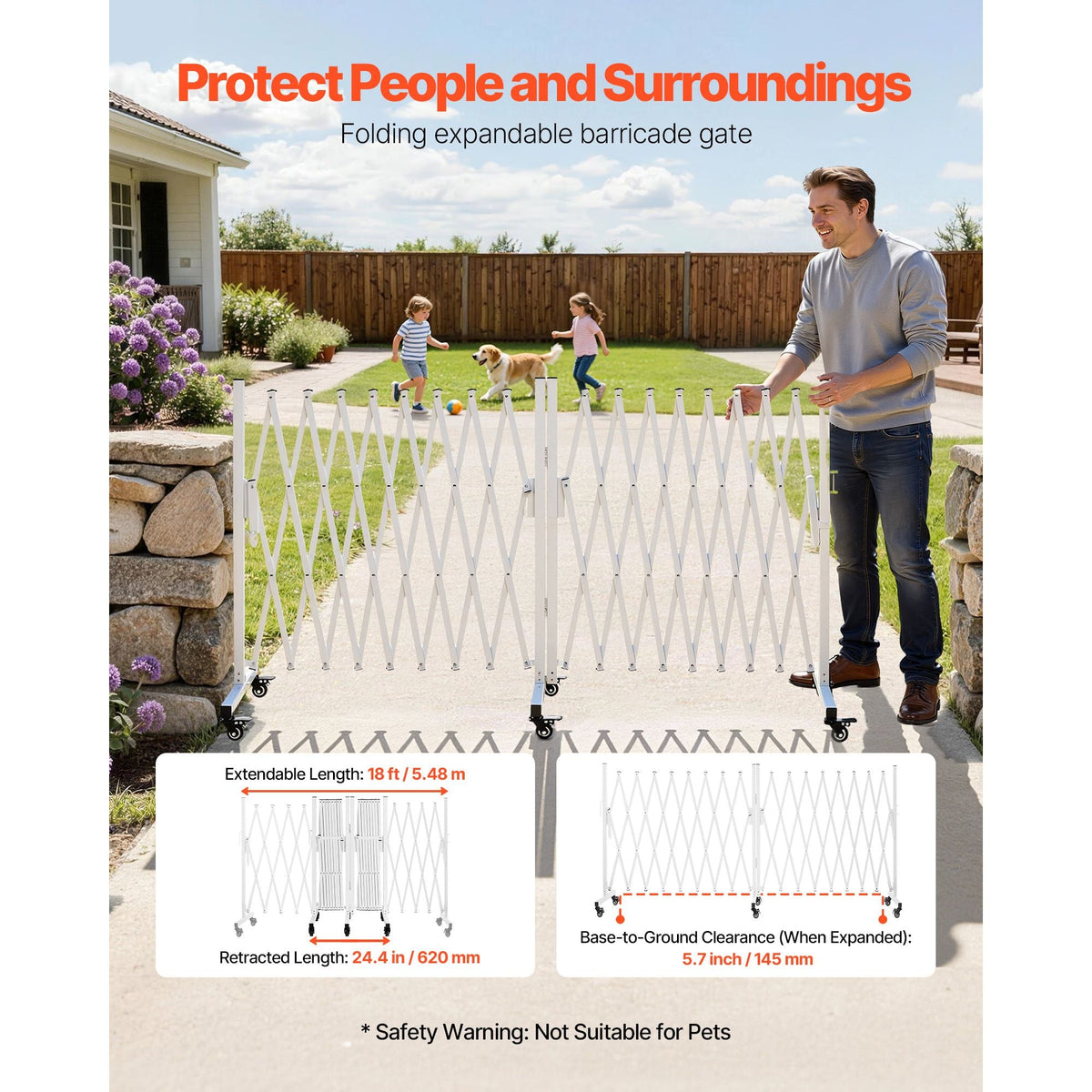Double Expandable Barricades, 18FT Expandable Safety Barrier, 0-180° Rotatable Mobile Barricade with Locking Casters, Portable Folding Security Gate Traffic Fence for Patio Garden Stairway