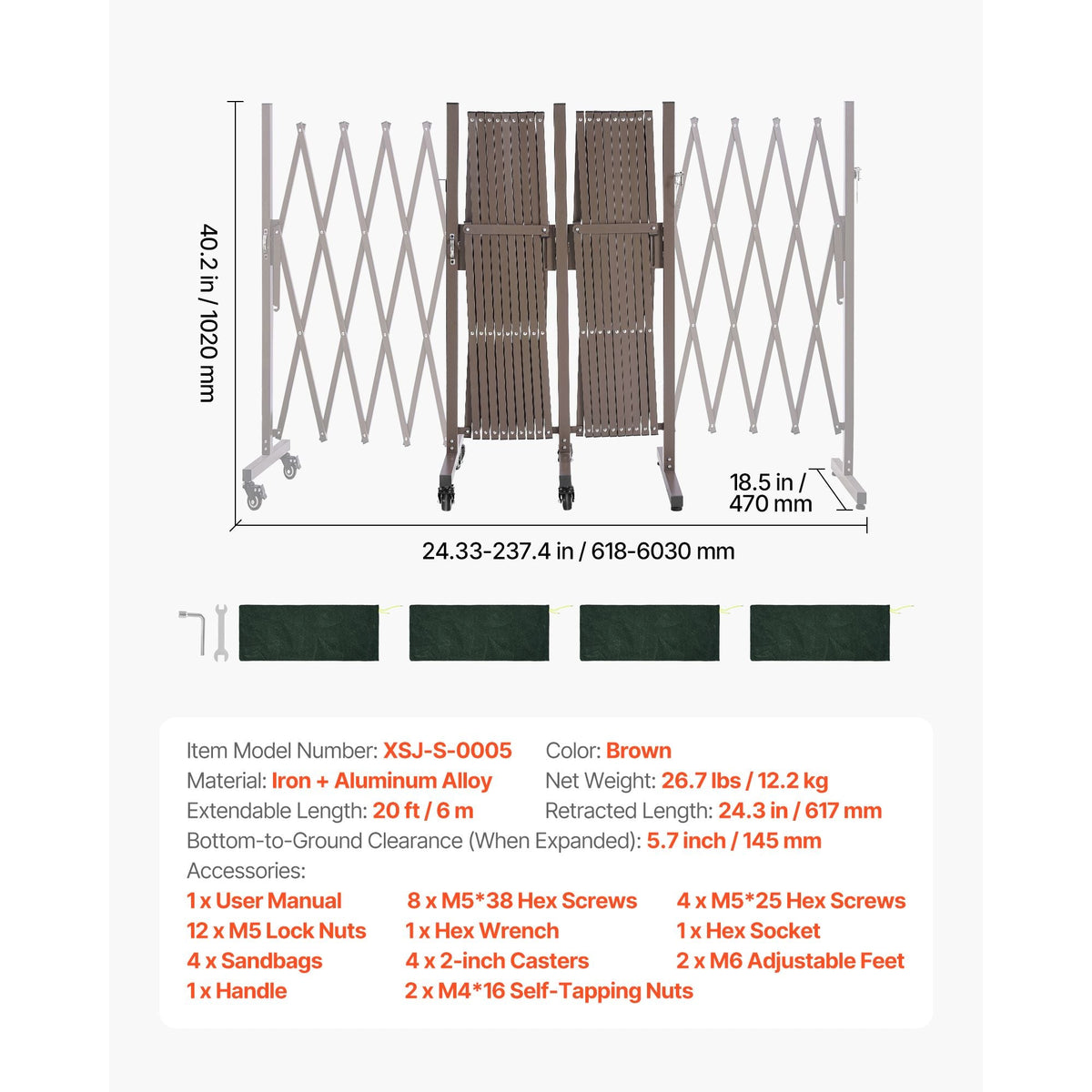 Double Expandable Barricades, 20FT Expandable Safety Barrier, Flexible Mobile Barricade with Locking Casters, Portable Folding Security Gate Metal Traffic Fence for Patio Garden Stairway
