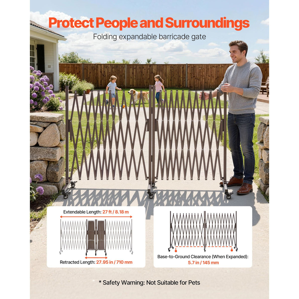 Double Expandable Barricades, 27FT Expandable Safety Barrier, 0-180° Rotatable Mobile Barricade with Locking Casters, Portable Folding Security Gate Traffic Fence for Patio Garden Stairway