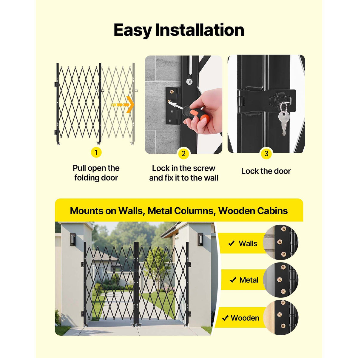 Double Folding Security Gate, Lockable Scissor Gate with 360° Swivel Casters, Outdoor Barricade Steel Retractable Gates, for Entry Security, Garage, Warehouse & Pool, 125.98 x 63.19 in (W x H)
