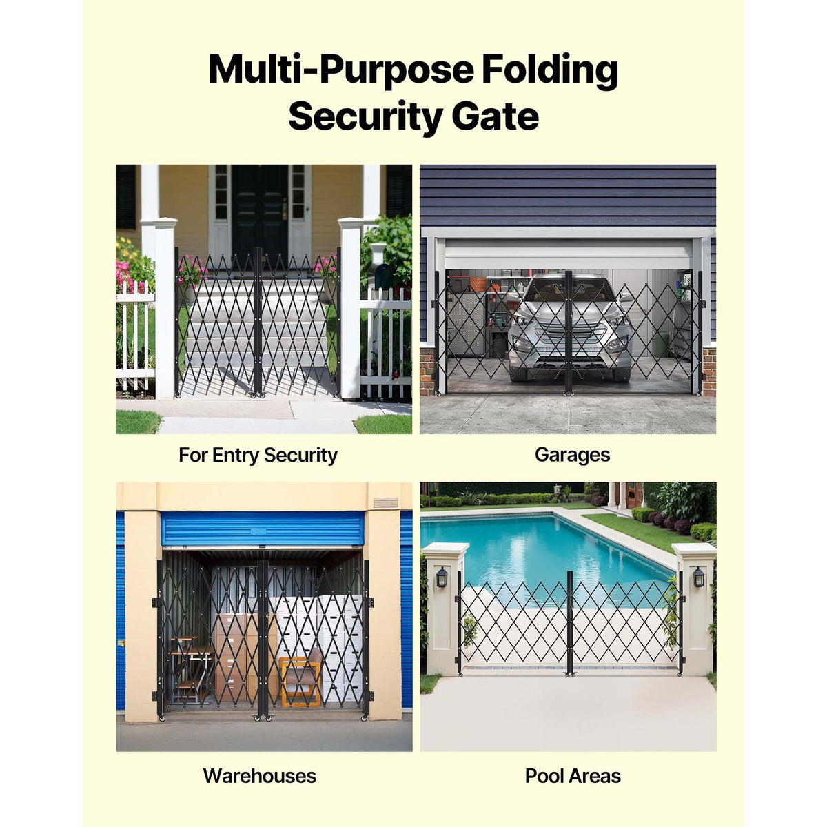 Double Folding Security Gate, Lockable Scissor Gate with 360° Swivel Casters, Outdoor Barricade Steel Retractable Gates, for Entry Security, Garage, Warehouse & Pool, 125.98 x 63.19 in (W x H)
