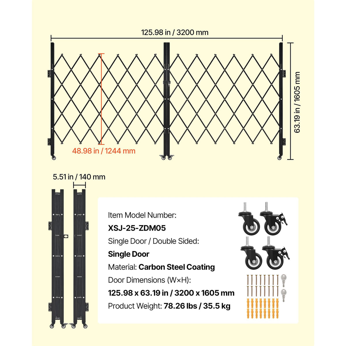 Double Folding Security Gate, Lockable Scissor Gate with 360° Swivel Casters, Outdoor Barricade Steel Retractable Gates, for Entry Security, Garage, Warehouse & Pool, 125.98 x 63.19 in (W x H)