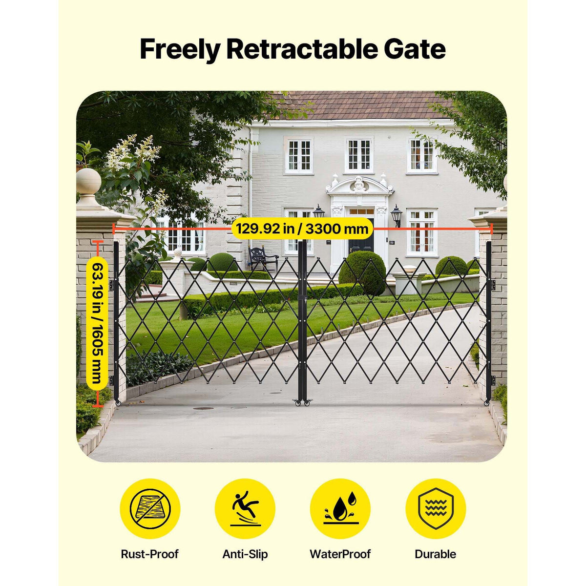 Double Folding Security Gate, Lockable Scissor Gate with 360° Swivel Casters, Outdoor Barricade Steel Retractable Gates, for Entry Security, Garage, Warehouse & Pool, 129.92 x 63.19 in (W x H)