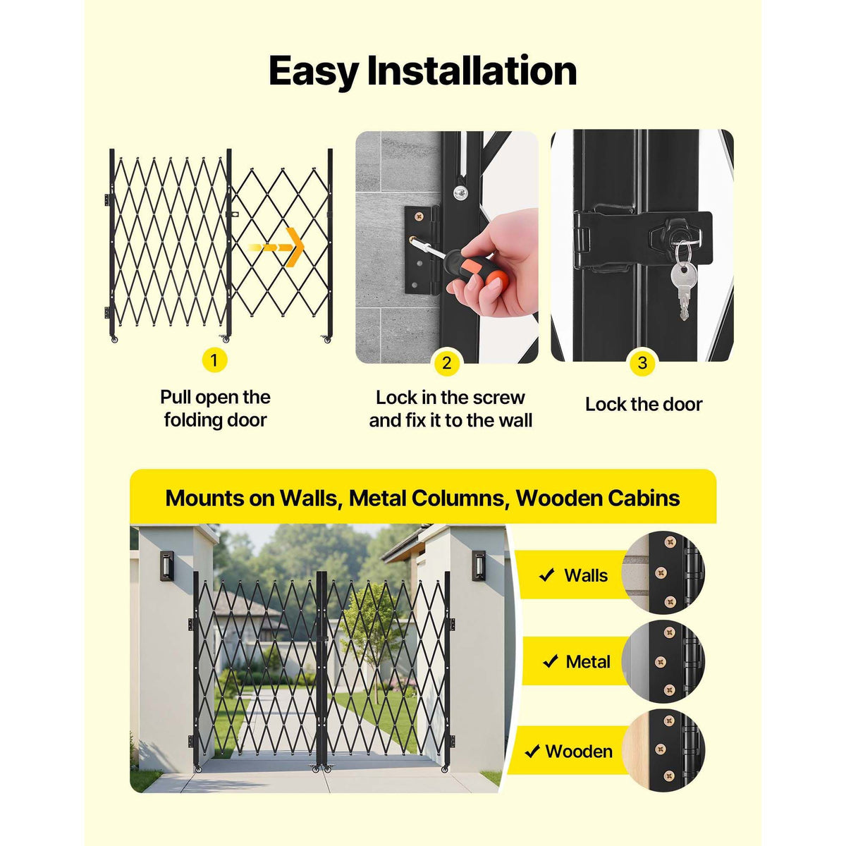 Double Folding Security Gate, Lockable Scissor Gate with 360° Swivel Casters, Outdoor Barricade Steel Retractable Gates, for Entry Security, Garage, Warehouse & Pool, 129.92 x 63.19 in (W x H)