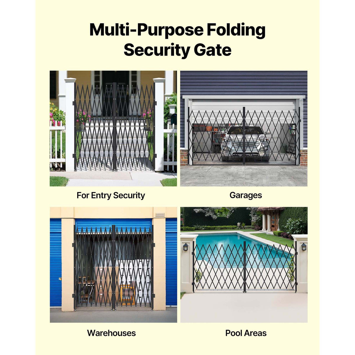 Double Folding Security Gate, Lockable Scissor Gate with 360° Swivel Casters, Outdoor Barricade Steel Retractable Gates, for Entry Security, Garage, Warehouse & Pool, 155.12 x 86.81 in (W x H)