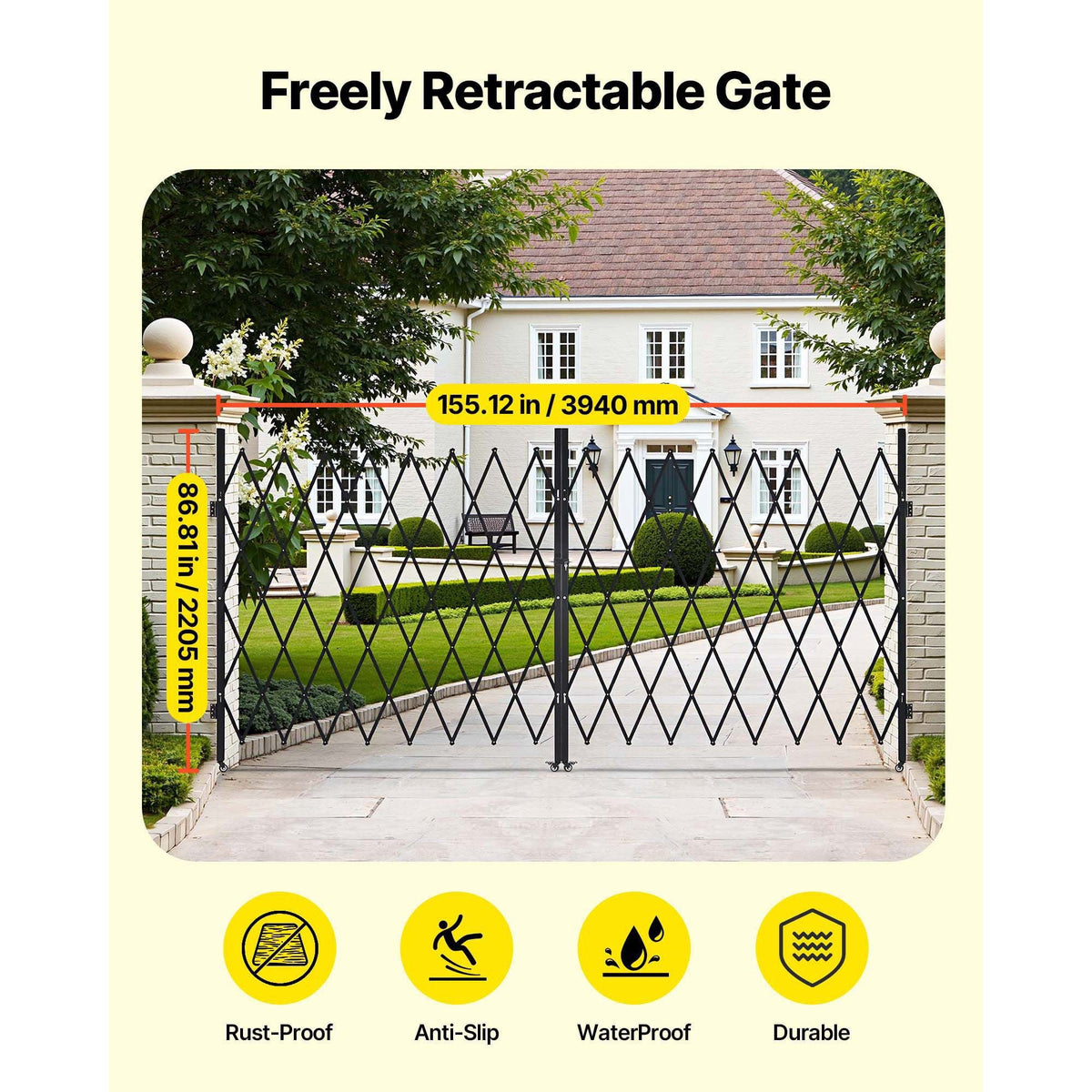 Double Folding Security Gate, Lockable Scissor Gate with 360° Swivel Casters, Outdoor Barricade Steel Retractable Gates, for Entry Security, Garage, Warehouse & Pool, 155.12 x 86.81 in (W x H)