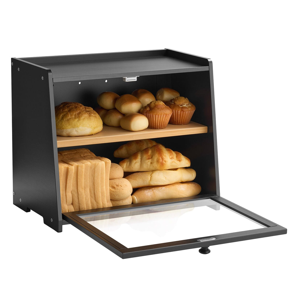Double Layer Bread Box for Kitchen Counter, Large Capacity Bamboo Bread Storage Container, Farmhouse Wooden Breadbox for Homemade Bread, Storage Holder Bin with Acrylic Wavy Door Panel, Black