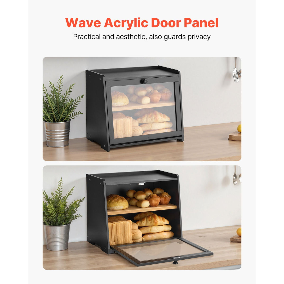 Double Layer Bread Box for Kitchen Counter, Large Capacity Bamboo Bread Storage Container, Farmhouse Wooden Breadbox for Homemade Bread, Storage Holder Bin with Acrylic Wavy Door Panel, Black