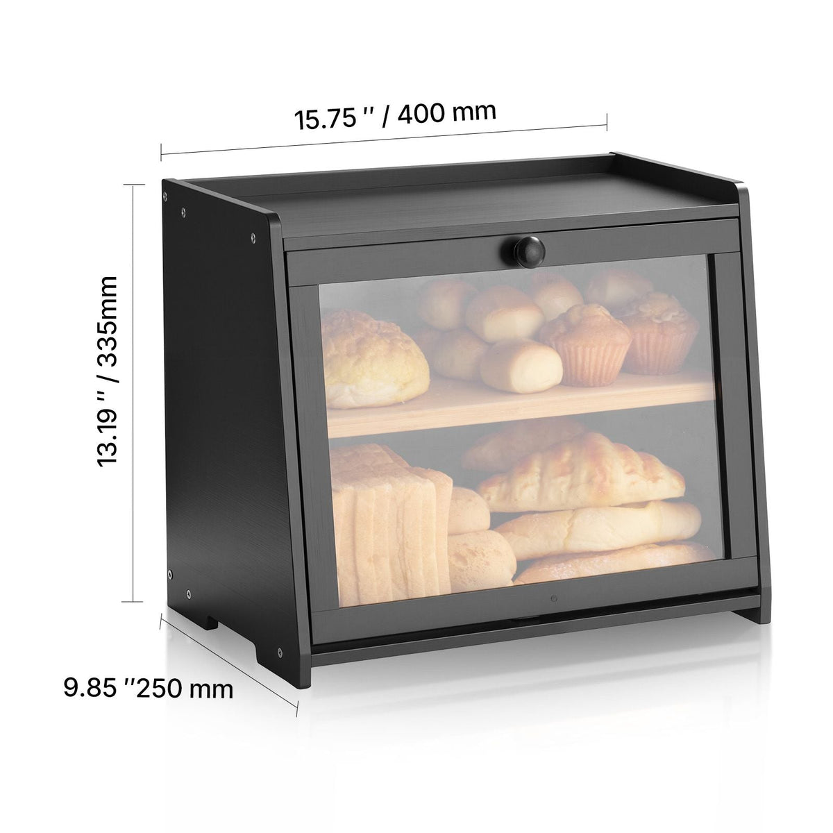 Double Layer Bread Box for Kitchen Counter, Large Capacity Bamboo Bread Storage Container, Farmhouse Wooden Breadbox for Homemade Bread, Storage Holder Bin with Acrylic Wavy Door Panel, Black