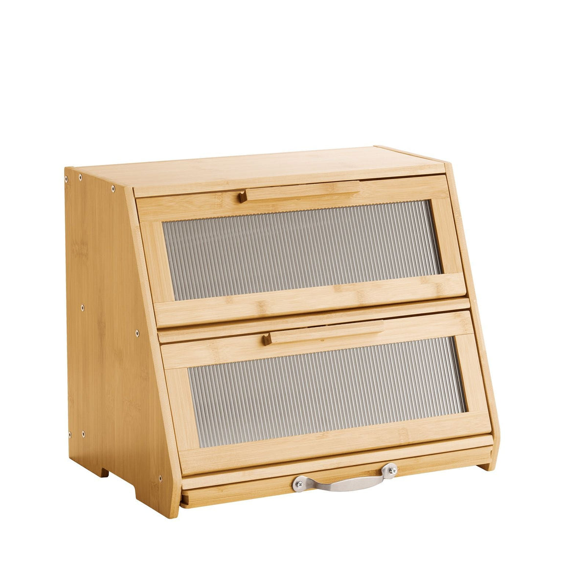 Double Layer Bread Box for Kitchen Counter, Large Capacity Bamboo Bread Storage Container, Farmhouse Wooden Breadbox for Homemade Bread, Storage Holder Bin with Acrylic Wavy Door Panel, Natural