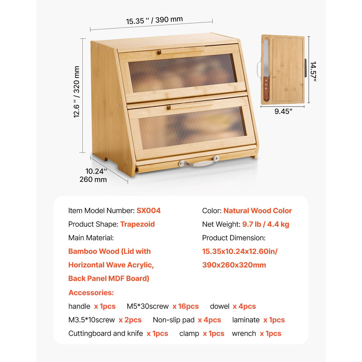 Double Layer Bread Box for Kitchen Counter, Large Capacity Bamboo Bread Storage Container, Farmhouse Wooden Breadbox for Homemade Bread, Storage Holder Bin with Acrylic Wavy Door Panel, Natural