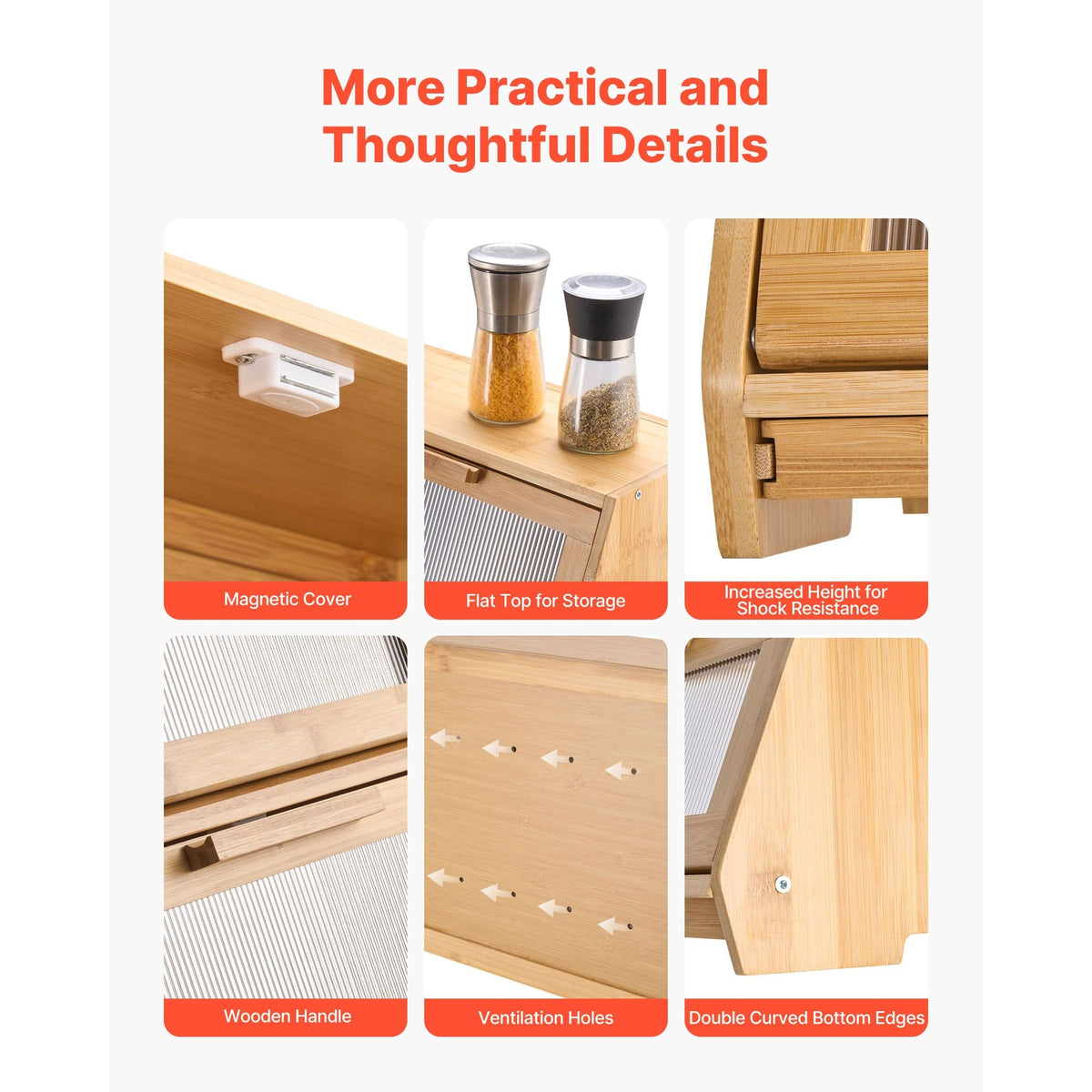 Double Layer Bread Box for Kitchen Counter, Large Capacity Bamboo Bread Storage Container, Farmhouse Wooden Breadbox for Homemade Bread, Storage Holder Bin with Acrylic Wavy Door Panel, Natural